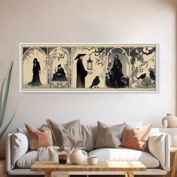 The Lantern Specter, Decadent Line Art, Extra Wide Wall Art, Macabre Wall Art, Framed Canvas Print, Halloween Wall Art