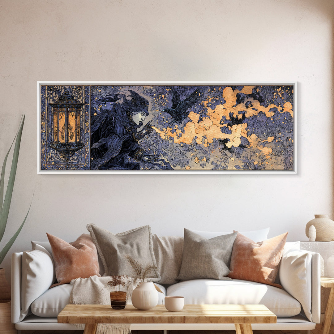 The Lantern Specter, Stained Glass Gothic Art, Extra Wide Wall Art, Dark Halloween Decor, Canvas Print, Halloween Wall Art