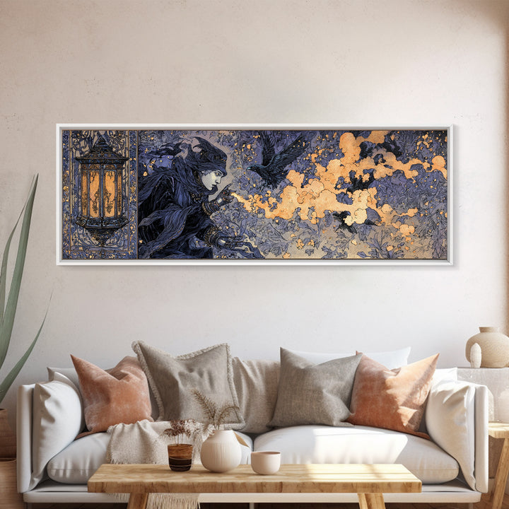The Lantern Specter, Stained Glass Gothic Art, Extra Wide Wall Art, Dark Halloween Decor, Canvas Print, Halloween Wall Art