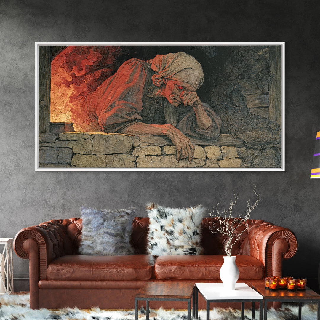 The Red-Eyed Night Hag, Dark Renaissance Art, Wide Panoramic Art, Dark Fantasy Wall Art, Framed Canvas Print, Halloween Wall Art