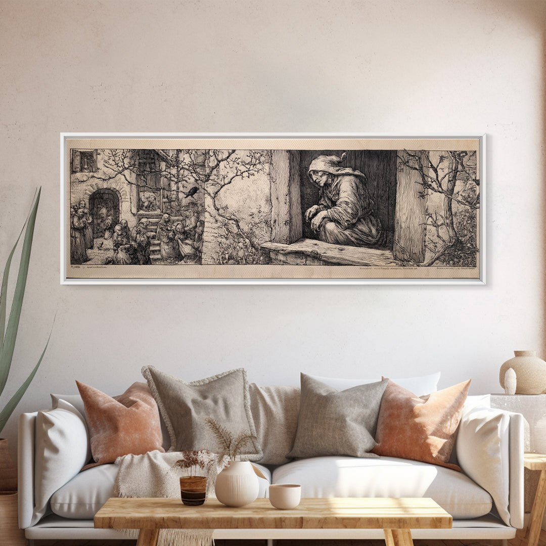 The Red-Eyed Night Hag, Renaissance Engraving Art, Extra Wide Wall Art, Gothic Horror Wall Art, Canvas Print, Halloween Wall Art
