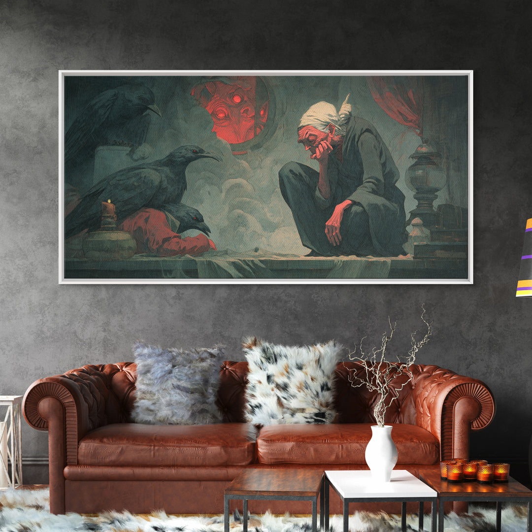The Red-Eyed Night Hag, Gothic Nightmare Art, Wide Panoramic Art, Dark Fantasy Wall Art, Canvas Print, Halloween Wall Art