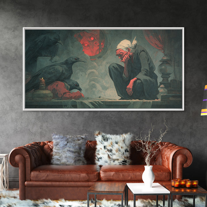 The Red-Eyed Night Hag, Gothic Nightmare Art, Wide Panoramic Art, Dark Fantasy Wall Art, Canvas Print, Halloween Wall Art