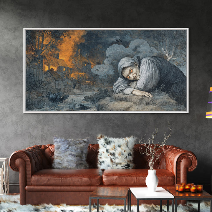 The Red-Eyed Night Hag, Visionary Gothic Art, Wide Panoramic Art, Gothic Horror Wall Art, Framed Canvas Print, Halloween Wall Art