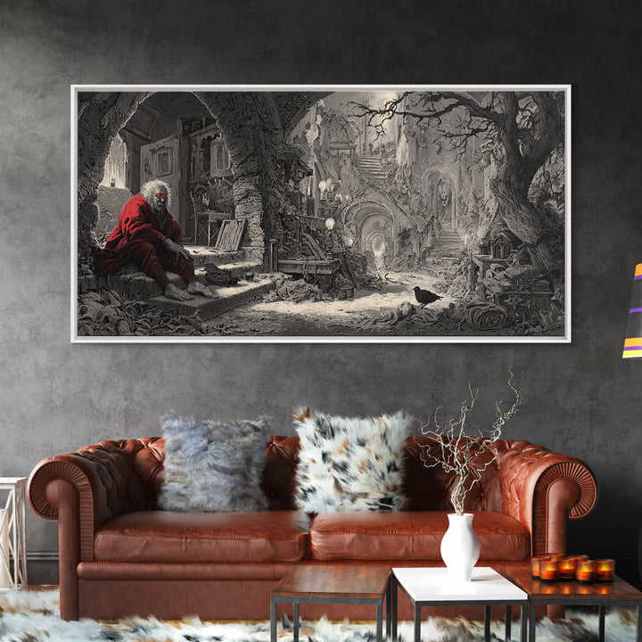 The Red-Eyed Night Hag, Architectural Etching Art, Wide Panoramic Art, Macabre Wall Art, Canvas Print, Halloween Wall Art