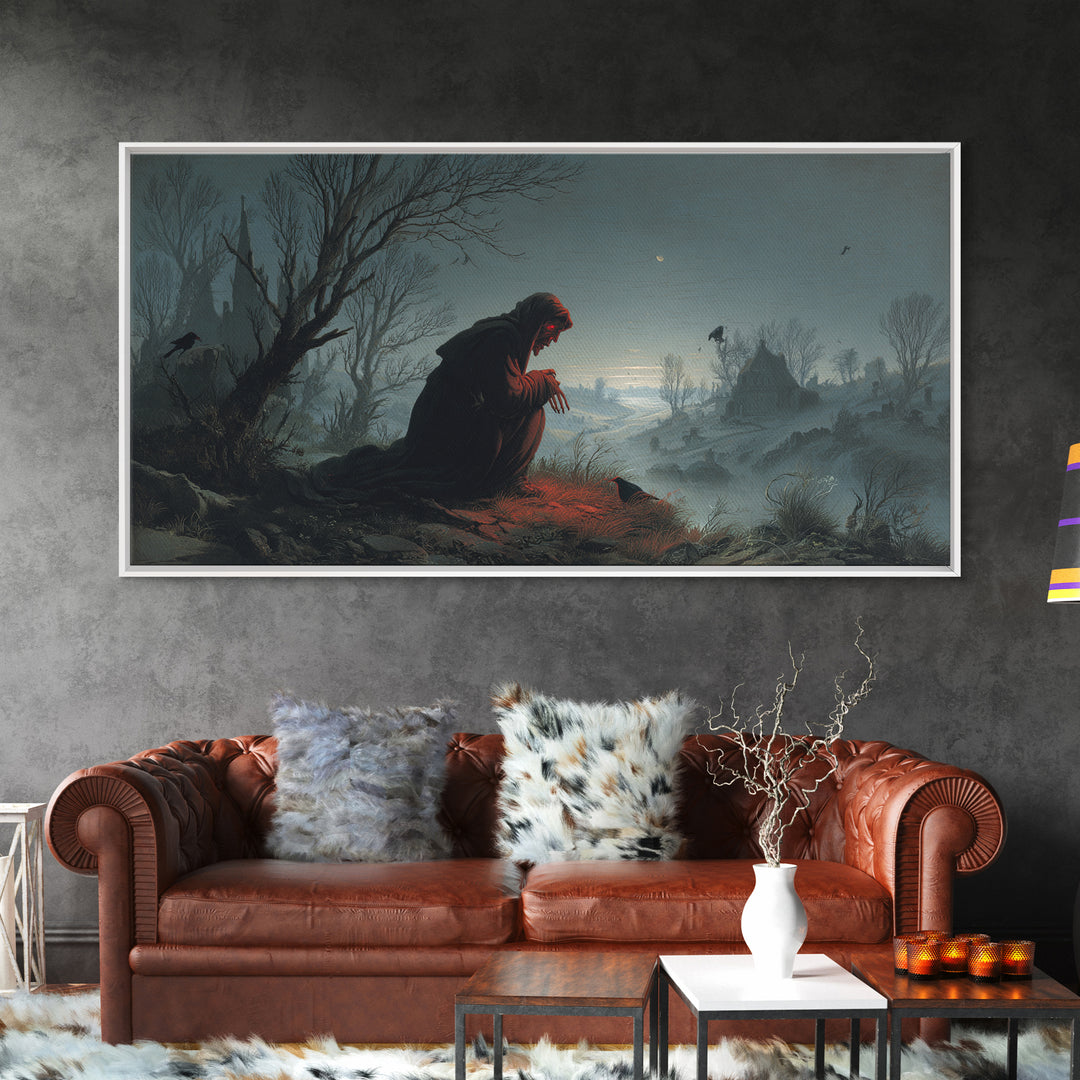 The Red-Eyed Night Hag, Romantic Gothic Landscape, Wide Panoramic Art, Dark Halloween Decor, Canvas Print, Halloween Wall Art