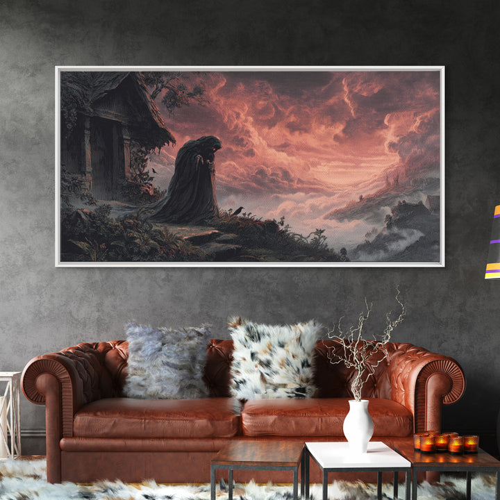 The Red-Eyed Night Hag, Apocalyptic Romantic Art, Wide Panoramic Art, Dark Halloween Decor, Canvas Print, Halloween Wall Art