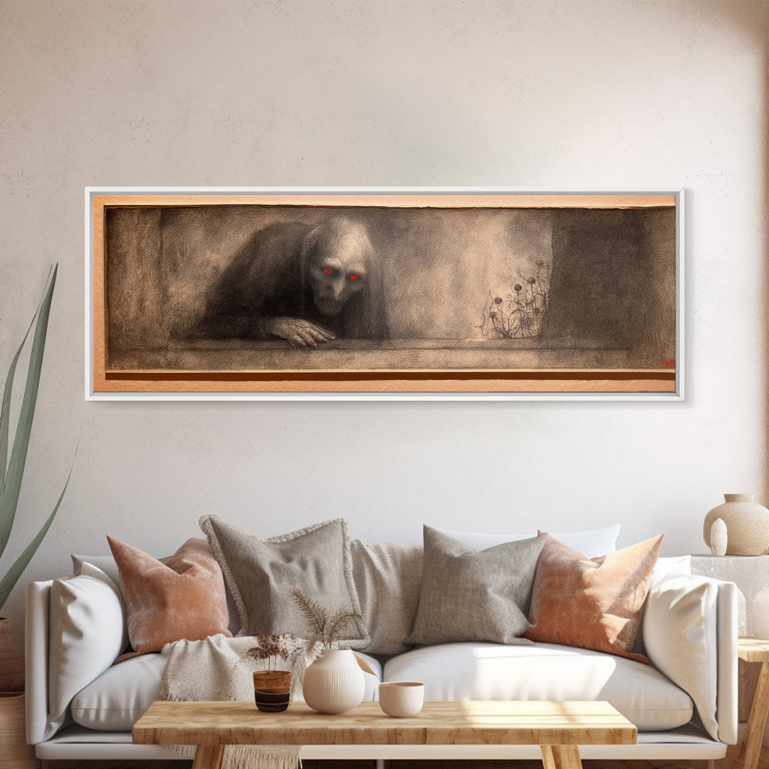 The Red-Eyed Night Hag, Symbolist Dream Art, Extra Wide Wall Art, Dark Halloween Decor, Framed Canvas Print, Halloween Wall Art