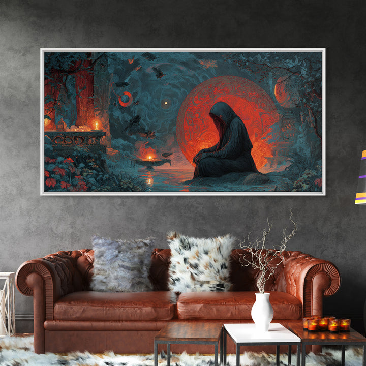 The Red-Eyed Night Hag, Symbolist Gothic Landscape, Wide Panoramic Art, Dark Halloween Decor, Canvas Print, Halloween Wall Art