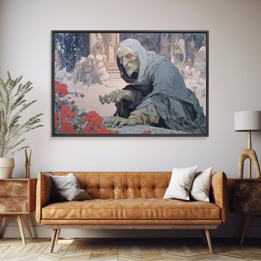 The Red-Eyed Night Hag, Symbolist Death Art, Landscape Wall Art, Gothic Horror Wall Art, Framed Canvas Print, Halloween Wall Art