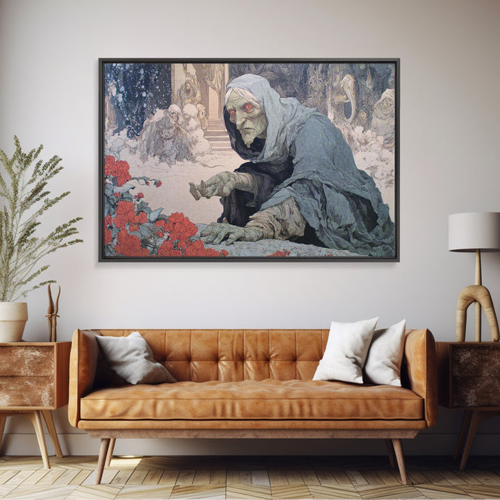 The Red-Eyed Night Hag, Symbolist Death Art, Landscape Wall Art, Gothic Horror Wall Art, Framed Canvas Print, Halloween Wall Art