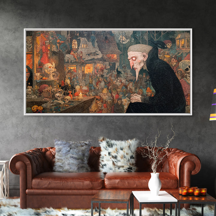 The Red-Eyed Night Hag, Grotesque Carnival Art, Wide Panoramic Art, Gothic Horror Wall Art, Framed Canvas Print, Halloween Wall Art