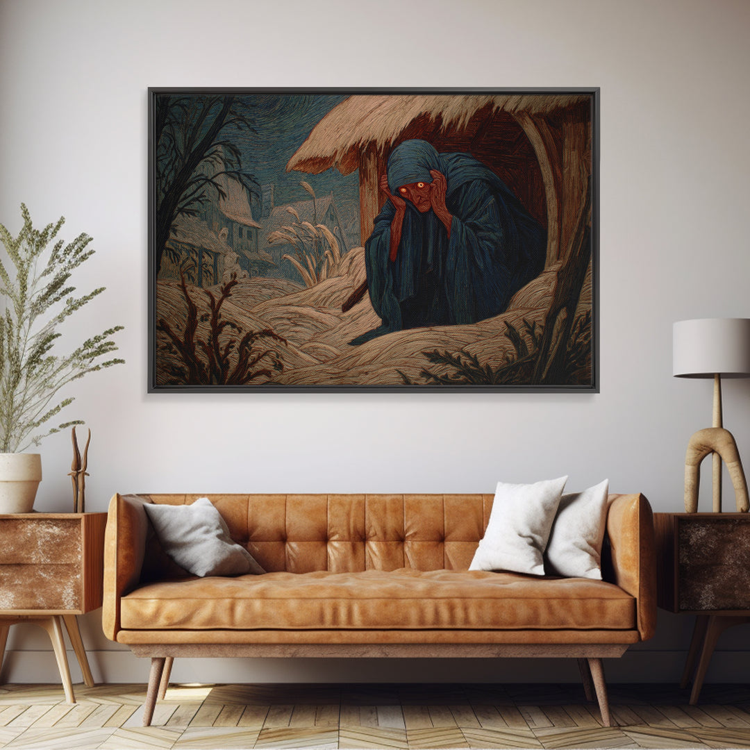 The Red-Eyed Night Hag, Expressionist Gothic Art, Landscape Wall Art, Macabre Wall Art, Framed Canvas Print, Halloween Wall Art