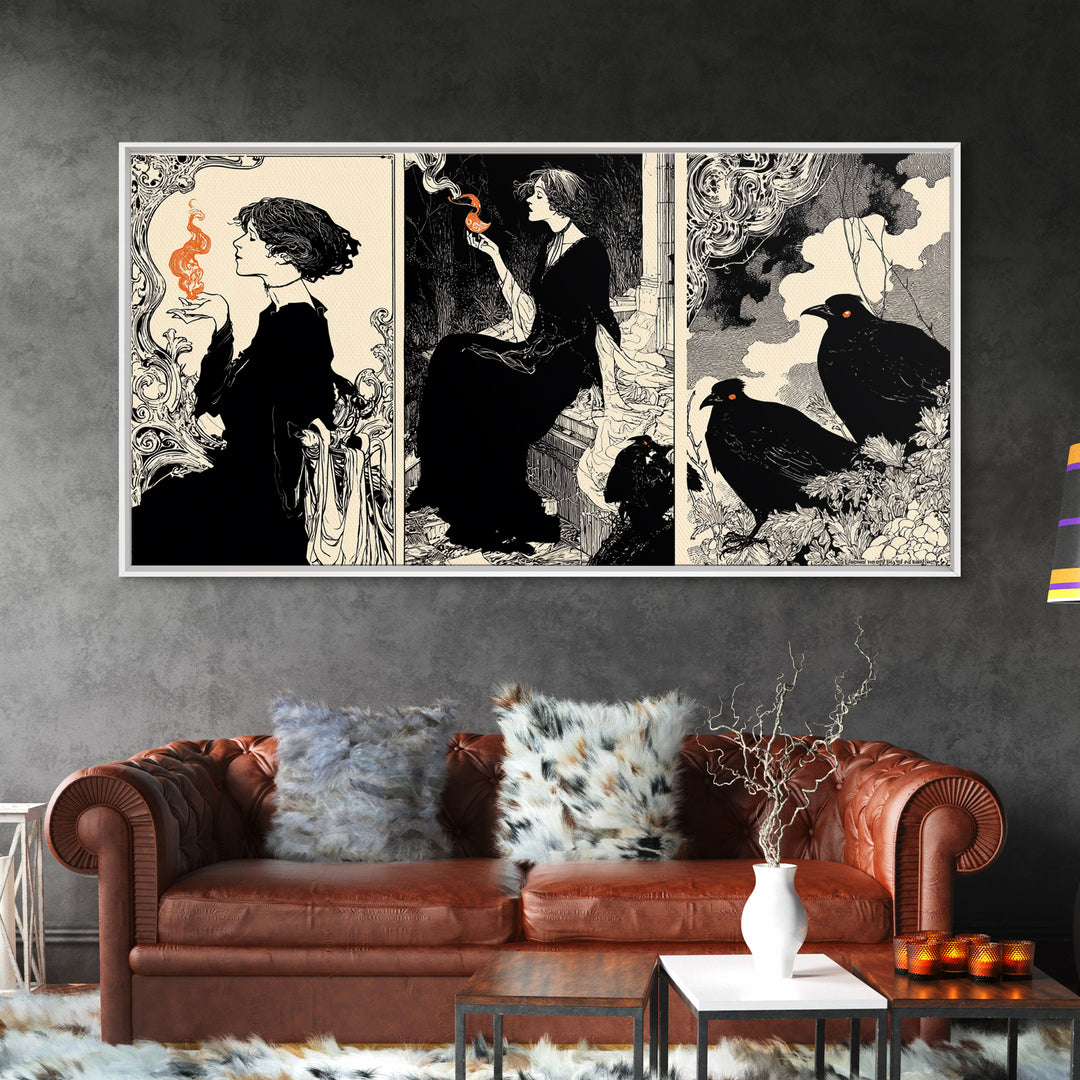 The Red-Eyed Night Hag, Decadent Line Art, Wide Panoramic Art, Dark Fantasy Wall Art, Framed Canvas Print, Halloween Wall Art