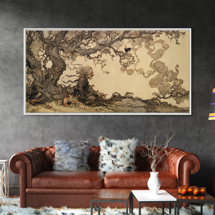 The Red-Eyed Night Hag, Gothic Storybook Art, Wide Panoramic Art, Macabre Wall Art, Canvas Print, Halloween Wall Art
