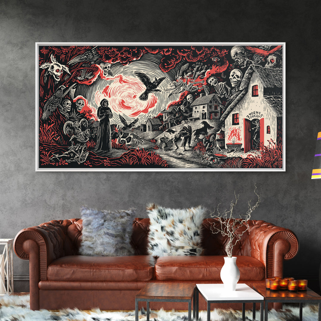 The Red-Eyed Night Hag, Macabre Folk Print Art, Wide Panoramic Art, Gothic Horror Wall Art, Canvas Print, Halloween Wall Art