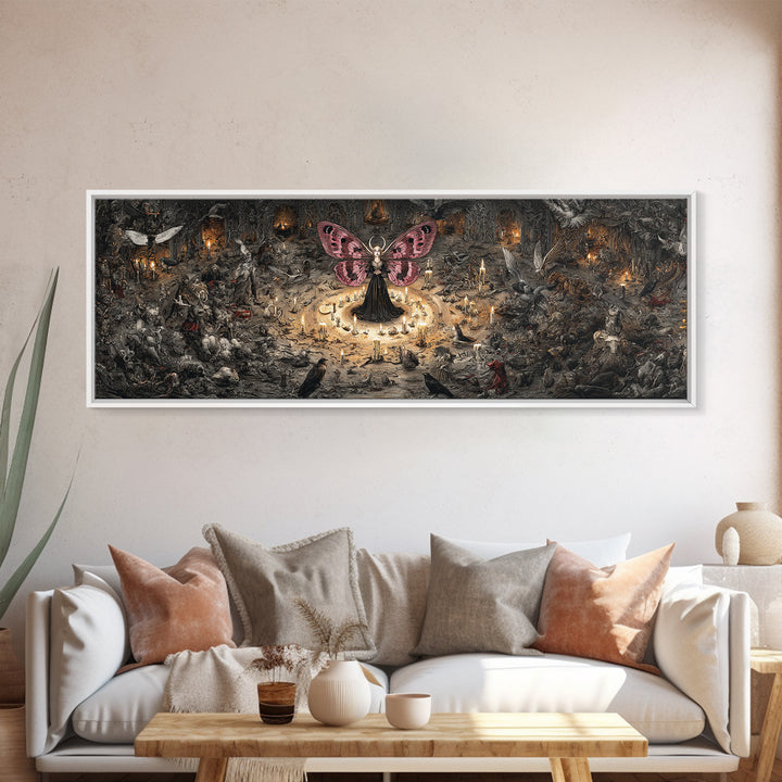 The Velvet Moth Witch, Medieval Grotesque Art, Extra Wide Wall Art, Dark Halloween Decor, Canvas Print, Halloween Wall Art