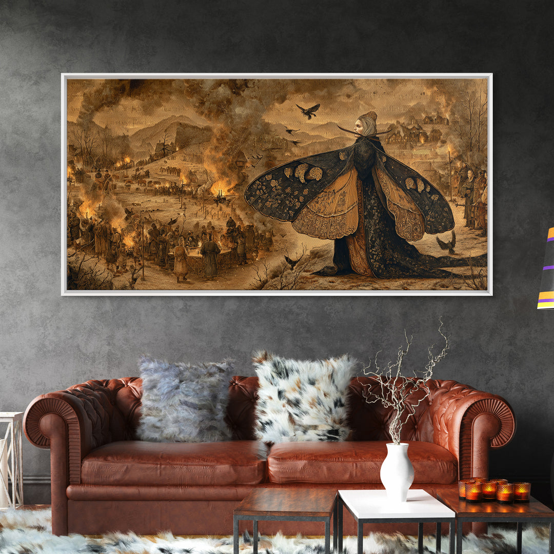 The Velvet Moth Witch, Northern Renaissance Horror, Wide Panoramic Art, Gothic Horror Wall Art, Framed Canvas Print