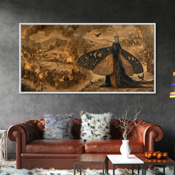 The Velvet Moth Witch, Northern Renaissance Horror, Wide Panoramic Art, Gothic Horror Wall Art, Framed Canvas Print