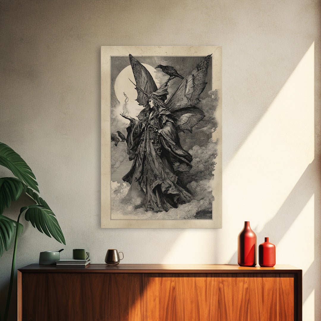 The Velvet Moth Witch, Renaissance Engraving Art, Vertical Wall Art, Gothic Horror Wall Art, Framed Canvas Print, Halloween Wall Art