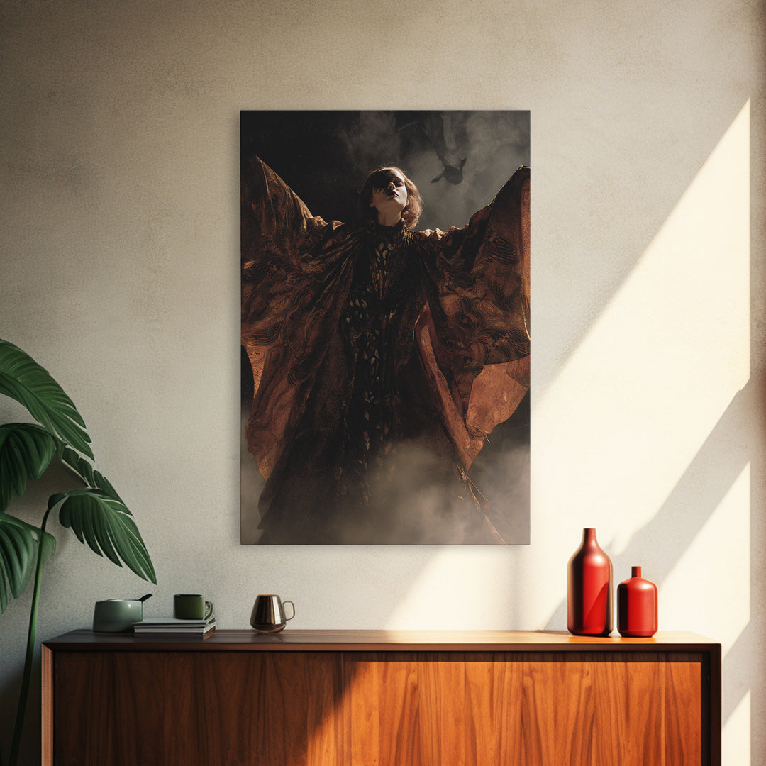 The Velvet Moth Witch, Visionary Gothic Art, Vertical Wall Art, Dark Halloween Decor, Canvas Print, Halloween Wall Art