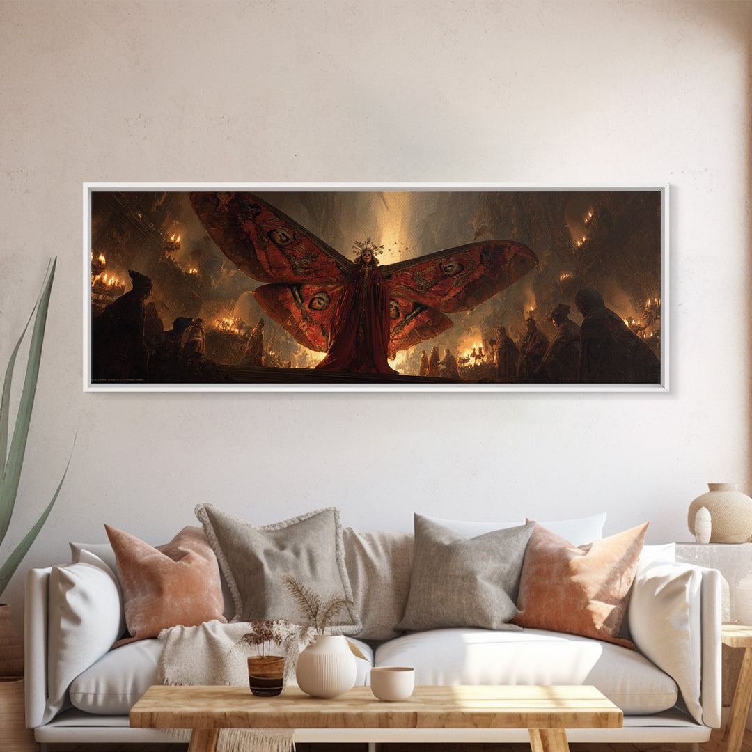 The Velvet Moth Witch, Apocalyptic Romantic Art, Extra Wide Wall Art, Macabre Wall Art, Framed Canvas Print, Halloween Wall Art