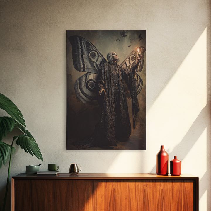 The Velvet Moth Witch, Expressionist Gothic Art, Vertical Wall Art, Dark Halloween Decor, Canvas Print, Halloween Wall Art