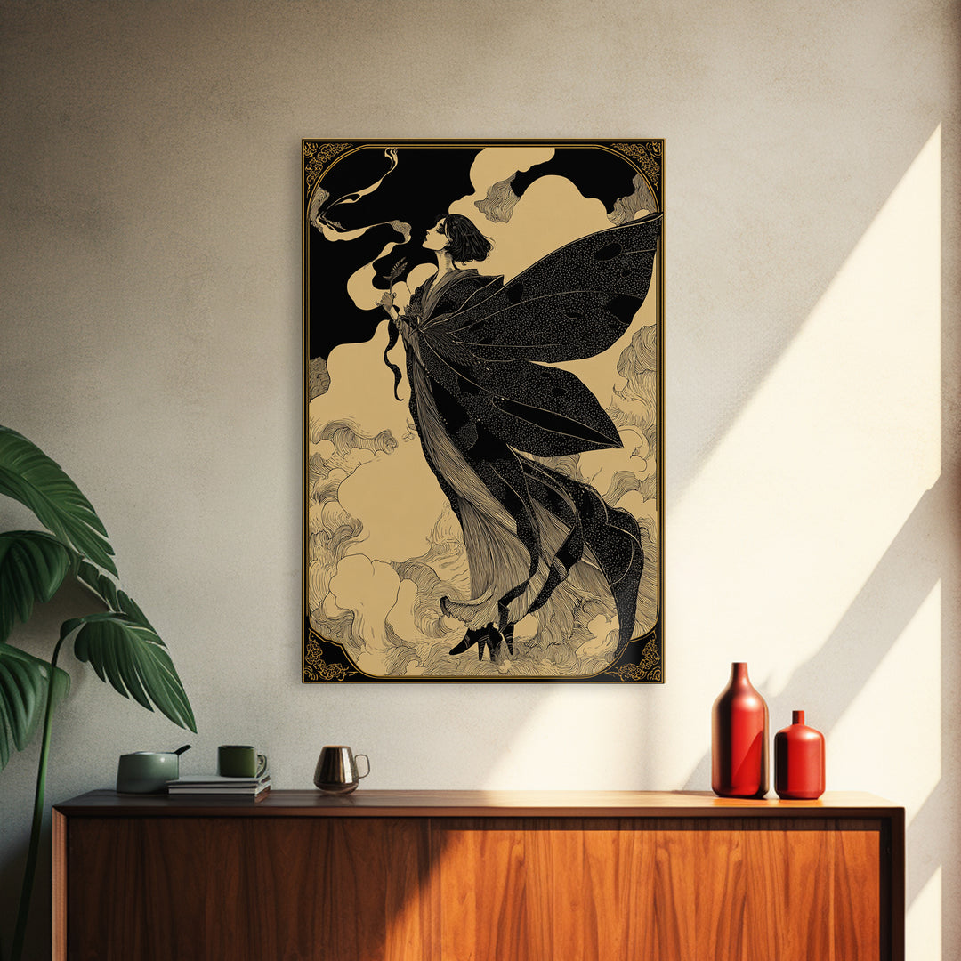 The Velvet Moth Witch, Decadent Line Art, Vertical Wall Art, Gothic Horror Wall Art, Canvas Print, Halloween Wall Art