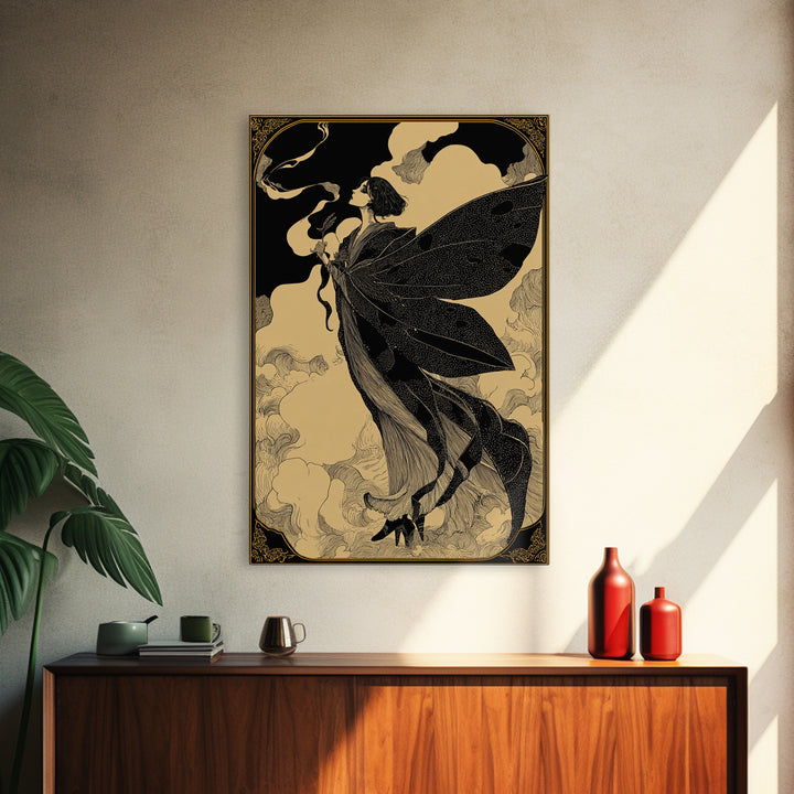 The Velvet Moth Witch, Decadent Line Art, Vertical Wall Art, Gothic Horror Wall Art, Canvas Print, Halloween Wall Art