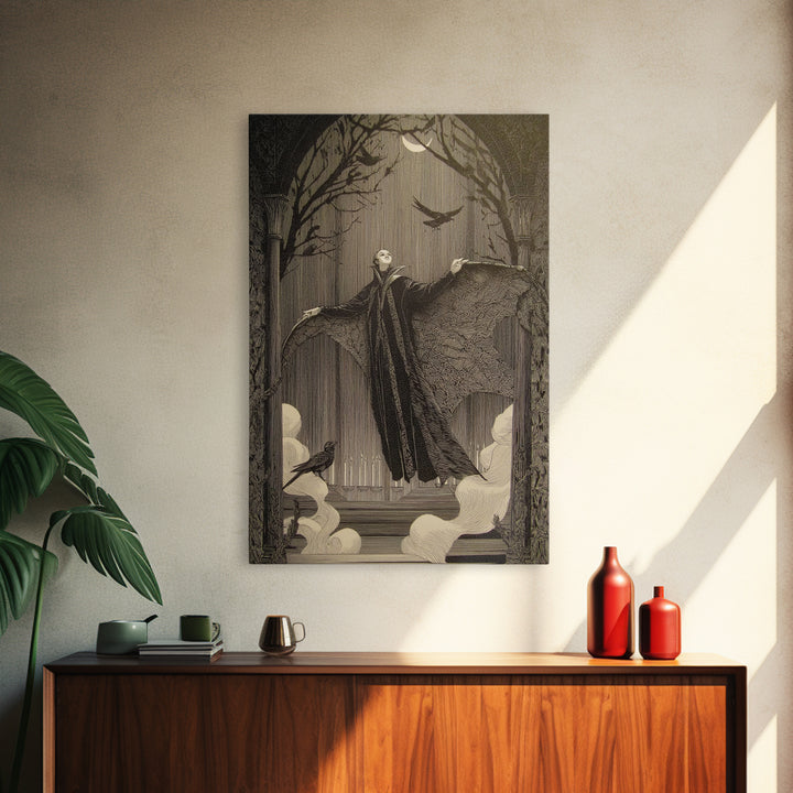 The Velvet Moth Witch, Victorian Macabre Art, Vertical Wall Art, Macabre Wall Art, Framed Canvas Print, Halloween Wall Art