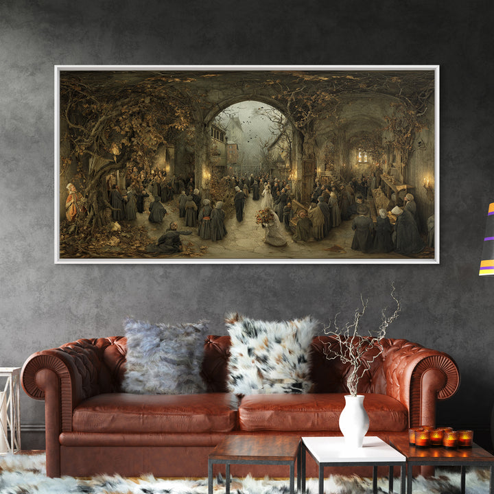 The Ghostly Groom, Northern Renaissance Horror, Wide Panoramic Art, Macabre Wall Art, Framed Canvas Print, Halloween Wall Art