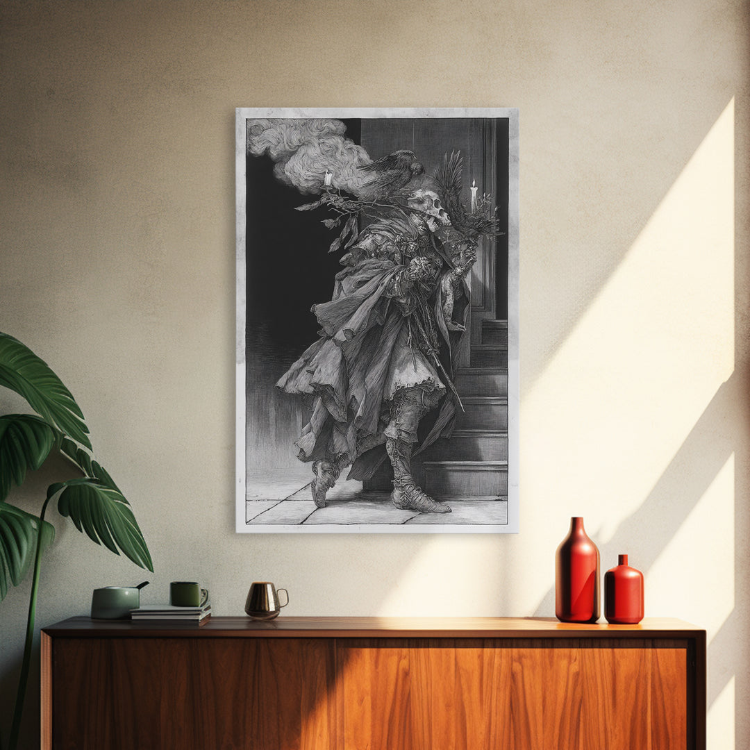 The Ghostly Groom, Renaissance Engraving Art, Vertical Wall Art, Dark Halloween Decor, Canvas Print, Halloween Wall Art