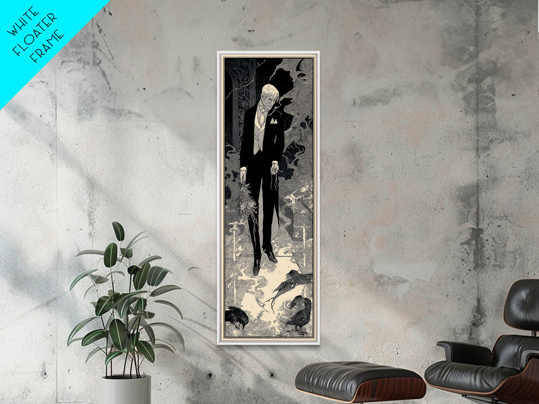 The Ghostly Groom, Decadent Line Art, Tall Narrow Wall Art, Dark Fantasy Wall Art, Framed Canvas Print, Halloween Wall Art