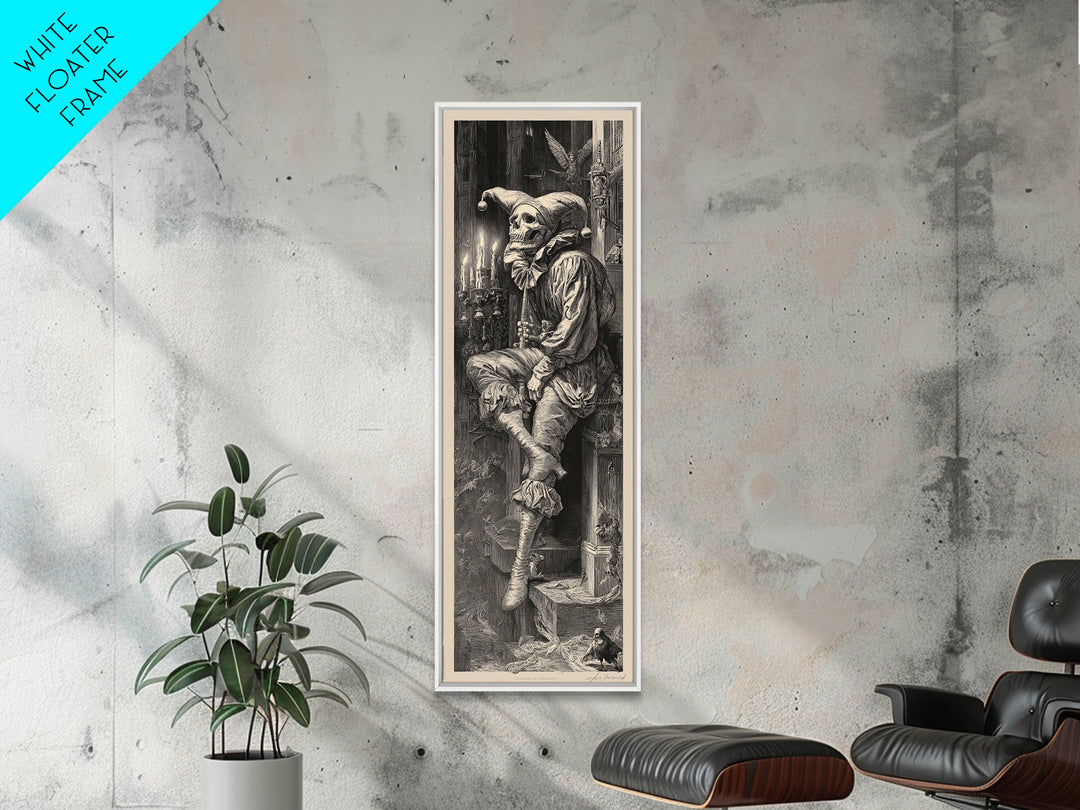 The Phantom Jester, Gothic Engraving Art, Tall Narrow Wall Art, Dark Fantasy Wall Art, Framed Canvas Print, Halloween Wall Art