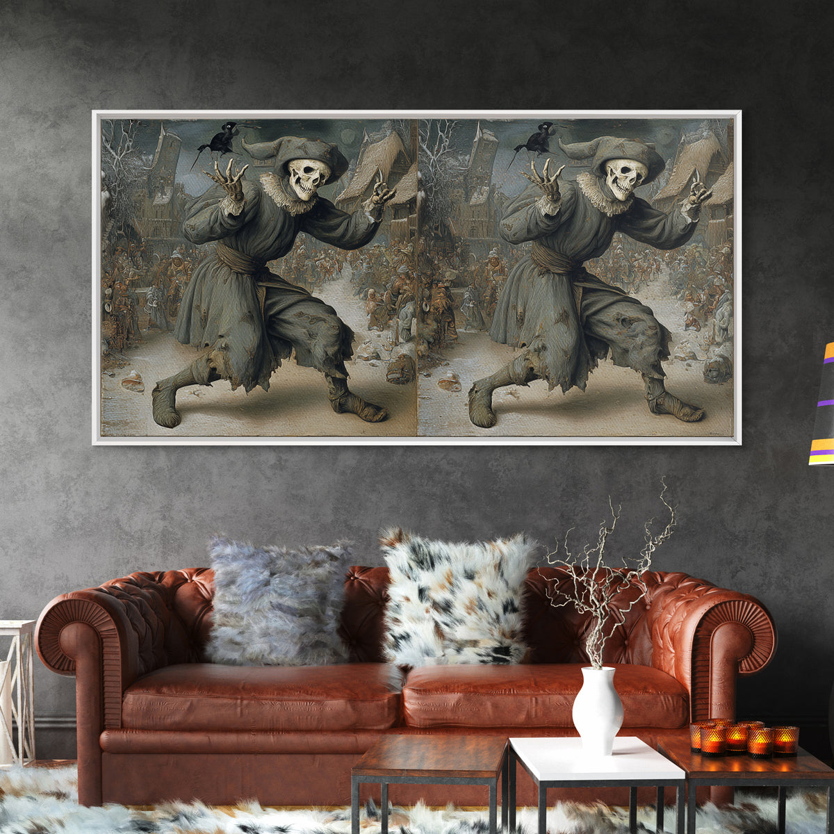 The Phantom Jester, Northern Renaissance Horror, Wide Panoramic Art, Macabre Wall Art, Canvas Print, Halloween Wall Art