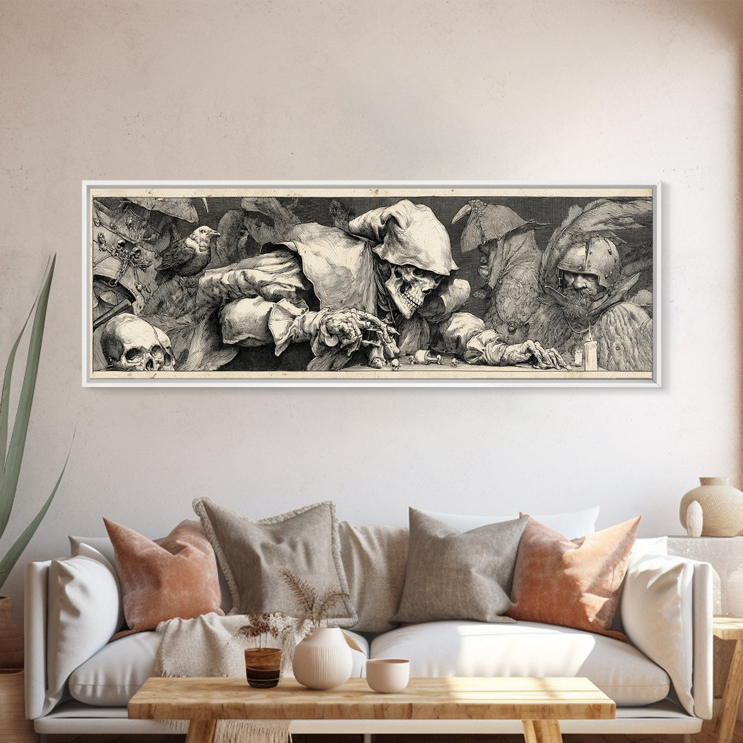 The Phantom Jester, Renaissance Engraving Art, Extra Wide Wall Art, Dark Halloween Decor, Canvas Print, Halloween Wall Art