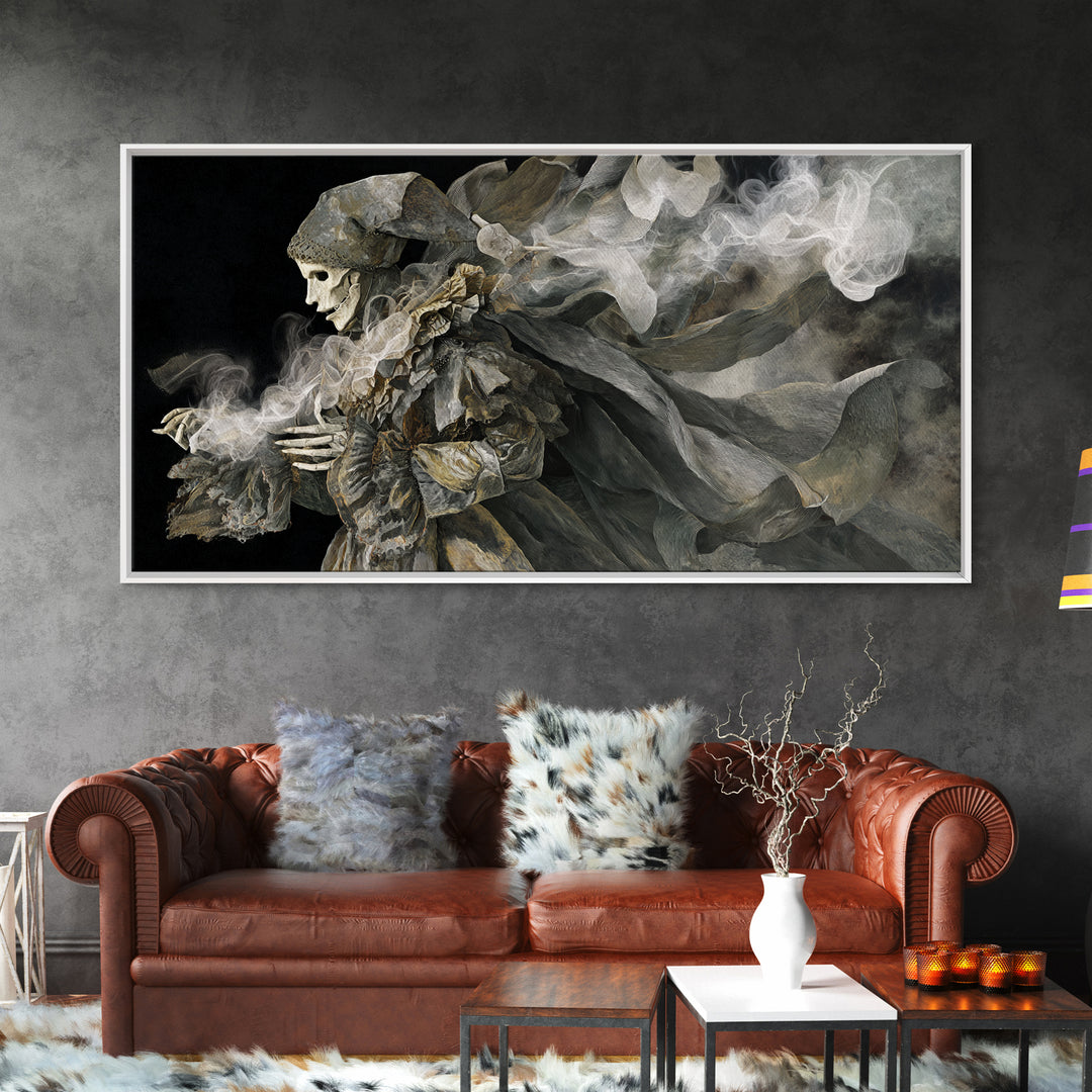 The Phantom Jester, Visionary Gothic Art, Wide Panoramic Art, Macabre Wall Art, Framed Canvas Print, Halloween Wall Art