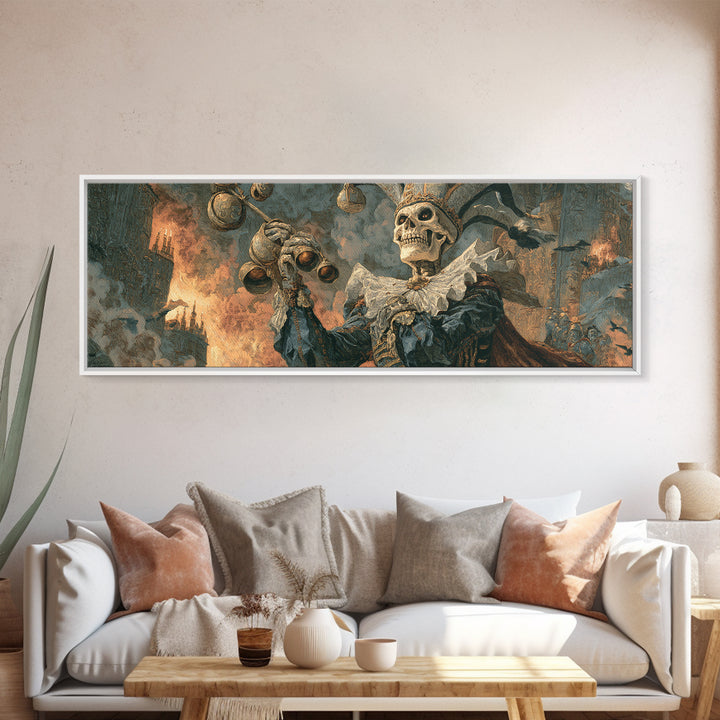The Phantom Jester, Apocalyptic Romantic Art, Extra Wide Wall Art, Dark Fantasy Wall Art, Framed Canvas Print, Halloween Wall Art