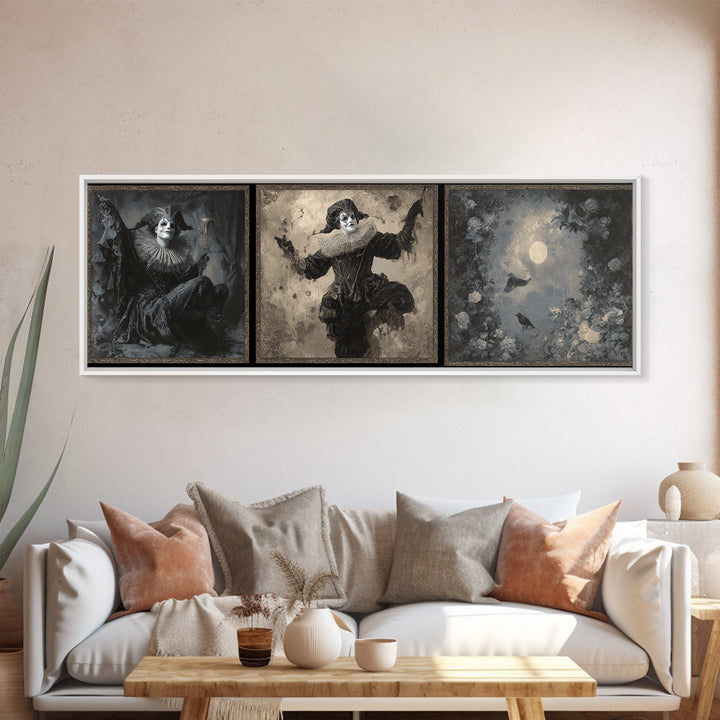 The Phantom Jester, Symbolist Dream Art, Extra Wide Wall Art, Macabre Wall Art, Framed Canvas Print, Halloween Wall Art