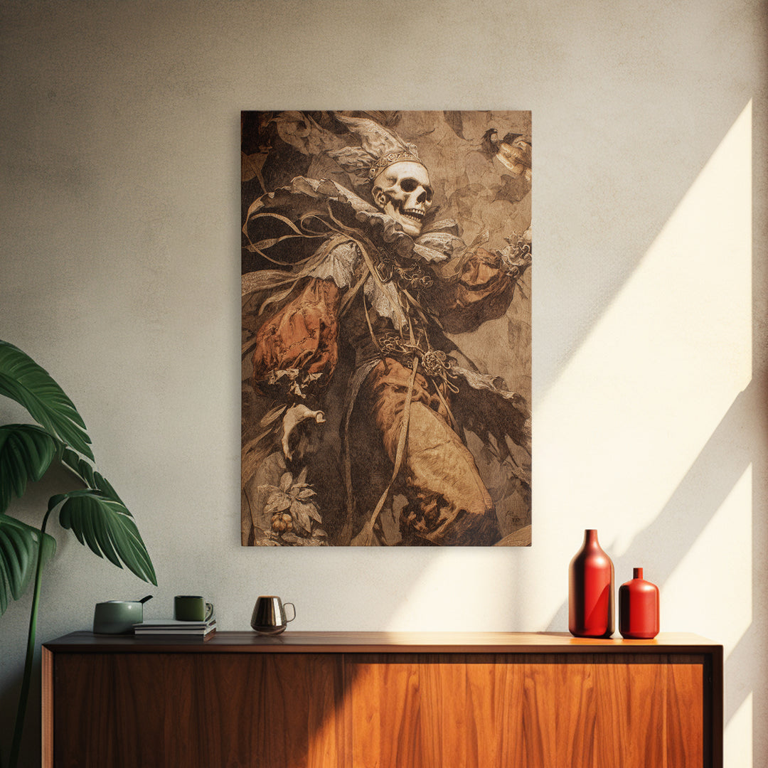 The Phantom Jester, Ornate Symbolist Art, Vertical Wall Art, Dark Fantasy Wall Art, Framed Canvas Print, Halloween Wall Art