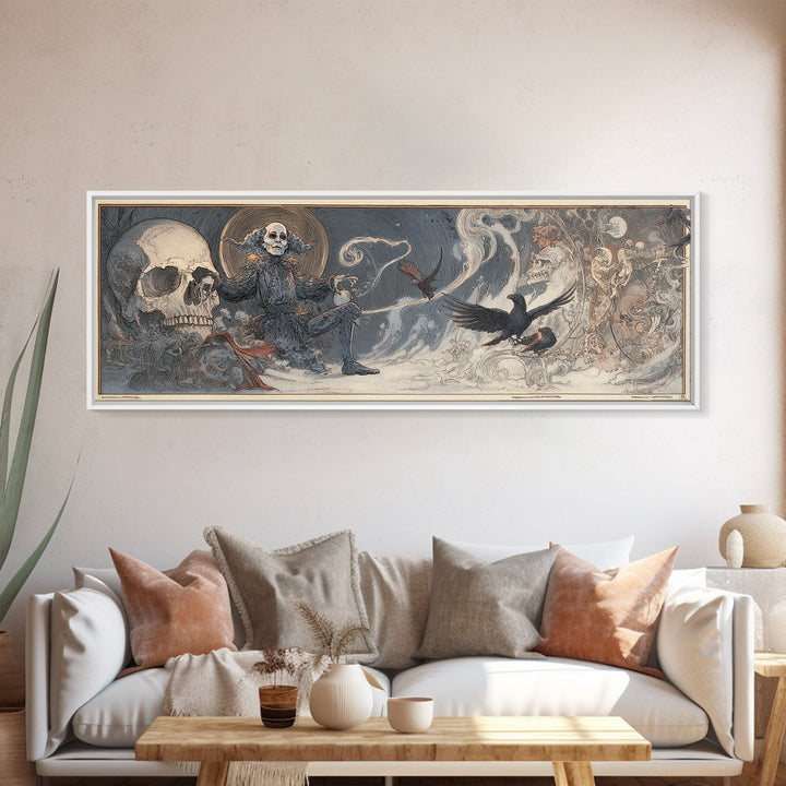 The Phantom Jester, Symbolist Death Art, Extra Wide Wall Art, Dark Fantasy Wall Art, Framed Canvas Print, Halloween Wall Art