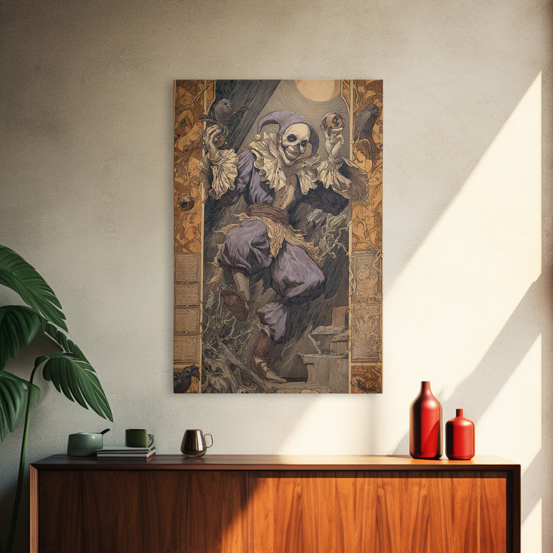 The Phantom Jester, Symbolist Etching Art, Vertical Wall Art, Dark Halloween Decor, Framed Canvas Print, Halloween Wall Art