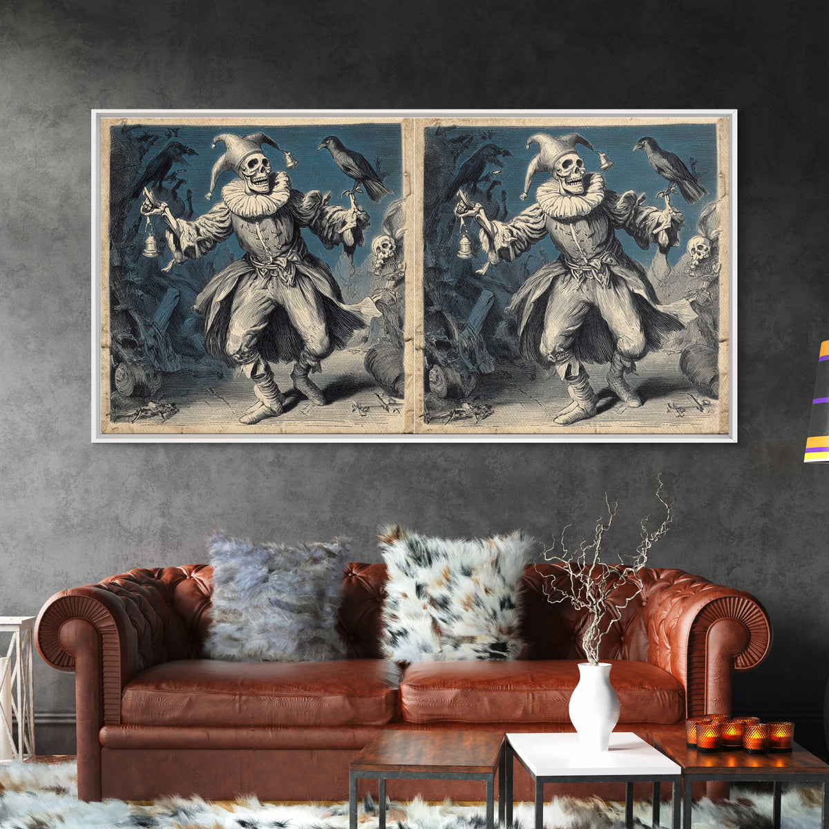 The Phantom Jester, Macabre Folk Print Art, Wide Panoramic Art, Gothic Horror Wall Art, Canvas Print, Halloween Wall Art