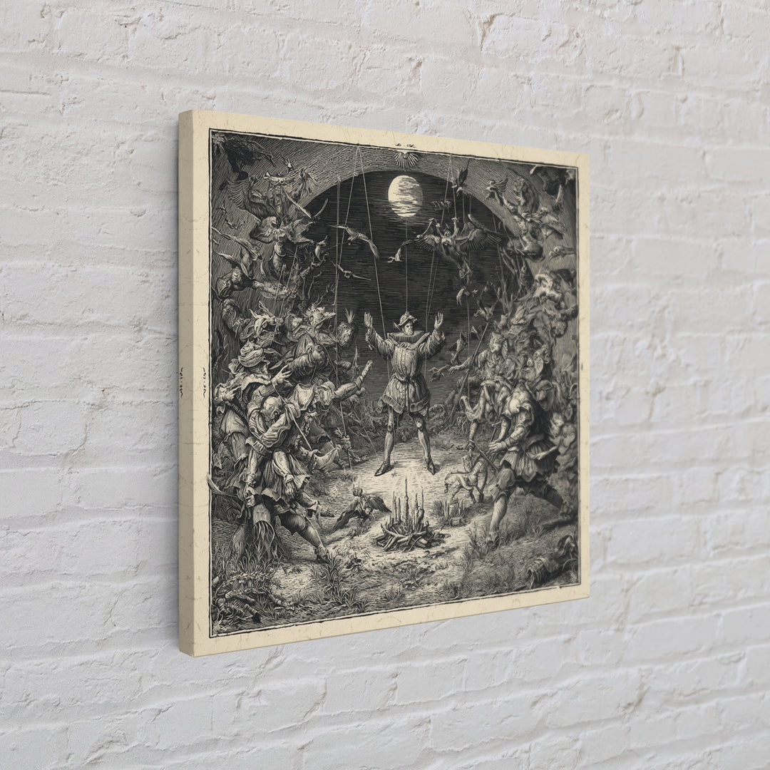 The Marionette Master, Renaissance Engraving Art, Square Wall Art, Dark Halloween Decor, Framed Canvas Print, Halloween Wall Art