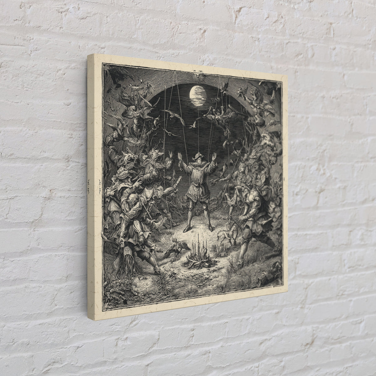 The Marionette Master, Renaissance Engraving Art, Square Wall Art, Dark Halloween Decor, Framed Canvas Print, Halloween Wall Art