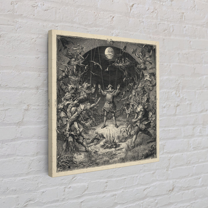 The Marionette Master, Renaissance Engraving Art, Square Wall Art, Dark Halloween Decor, Framed Canvas Print, Halloween Wall Art