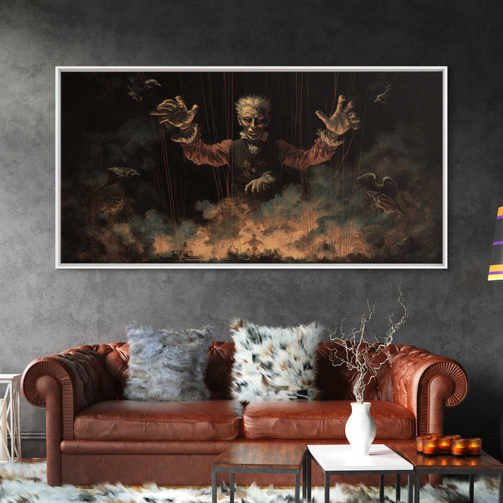The Marionette Master, Visionary Gothic Art, Wide Panoramic Art, Dark Halloween Decor, Framed Canvas Print, Halloween Wall Art
