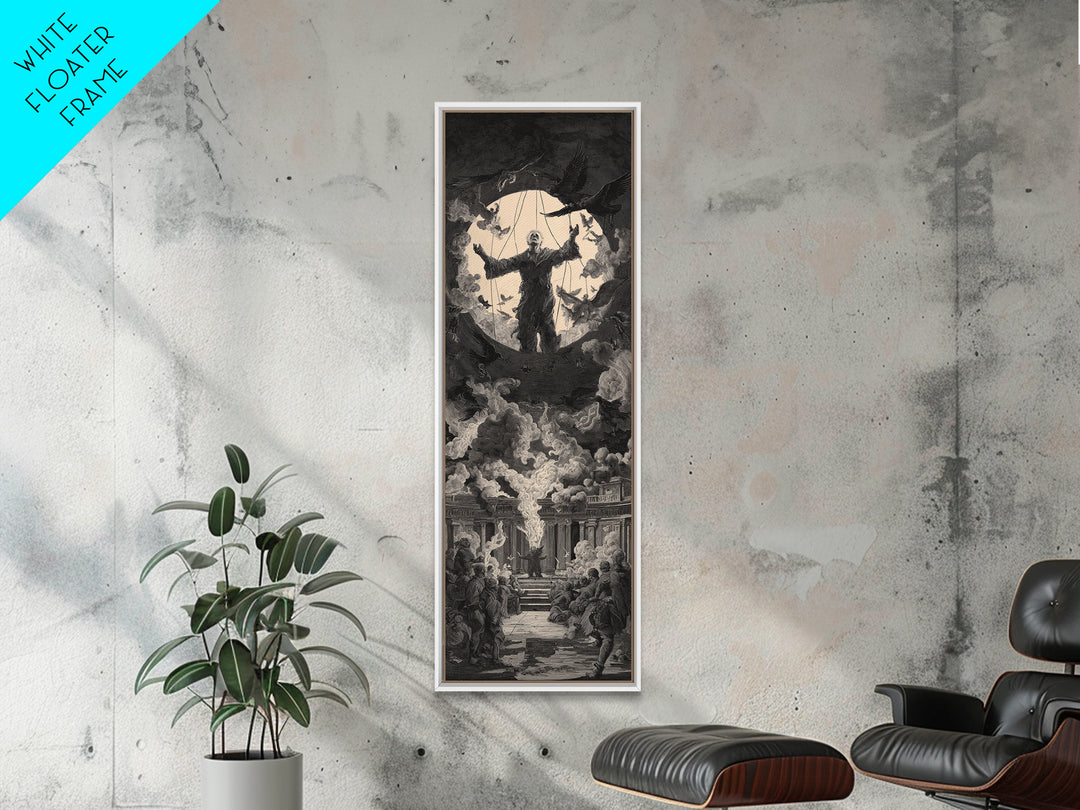The Marionette Master, Architectural Etching Art, Tall Narrow Wall Art, Dark Halloween Decor, Framed Canvas Print