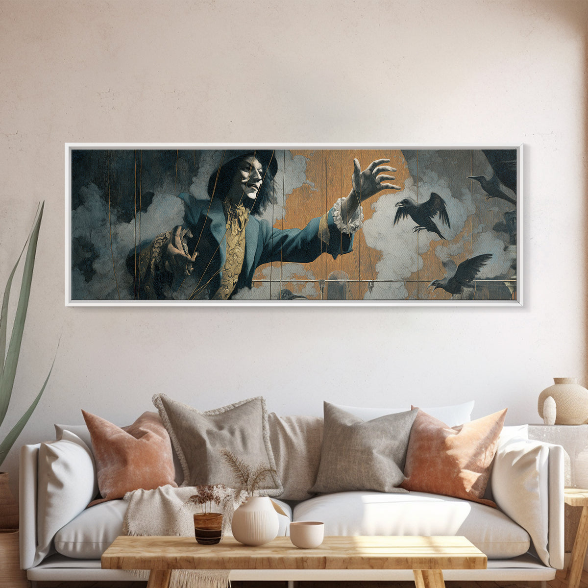 The Marionette Master, Symbolist Etching Art, Extra Wide Wall Art, Dark Halloween Decor, Framed Canvas Print, Halloween Wall Art