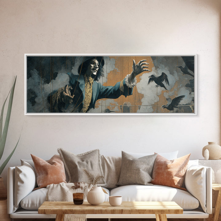 The Marionette Master, Symbolist Etching Art, Extra Wide Wall Art, Dark Halloween Decor, Framed Canvas Print, Halloween Wall Art